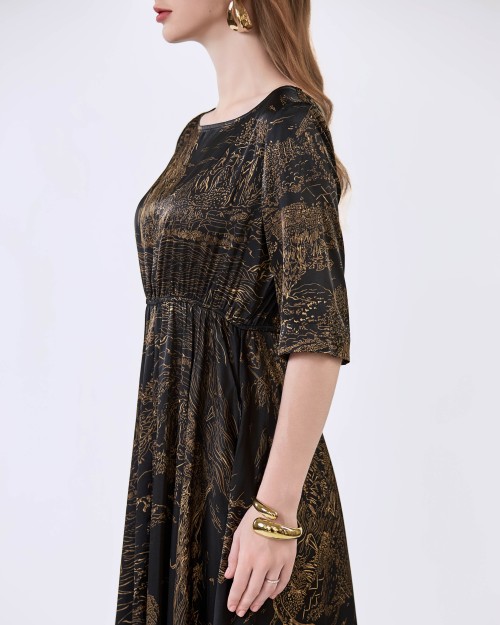 SIXDO G-Black Wide Neck Woven Flared Dress